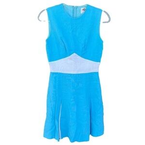 Vintage Lanz Originals Linen Colorblock Dress Sleeveless Box Pleats Blue White